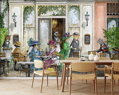 Vintage Kat Café Illustratie Behang