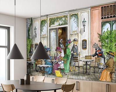 Vintage Kat Café Illustratie Behang