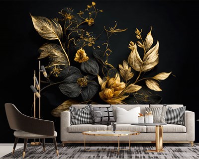 Gouden zwarte bloemen behang 