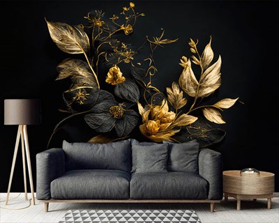 Gouden zwarte bloemen behang 