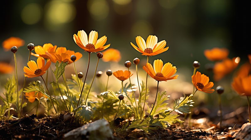 Oranje glanzende bloemenbehang 