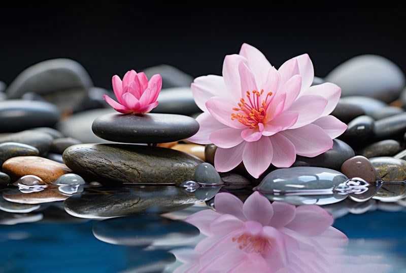 Roze lotusbloem en zenstenen behang 