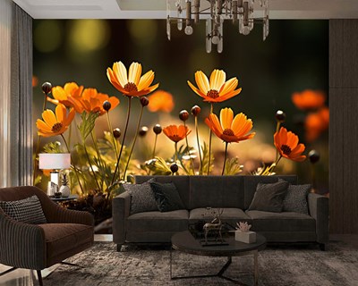 Oranje glanzende bloemenbehang 