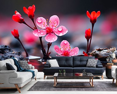 Rode bloemen en regendruppels behang 