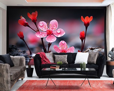 Rode bloemen en regendruppels behang 