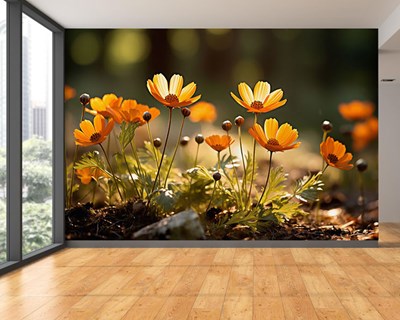 Oranje glanzende bloemenbehang 