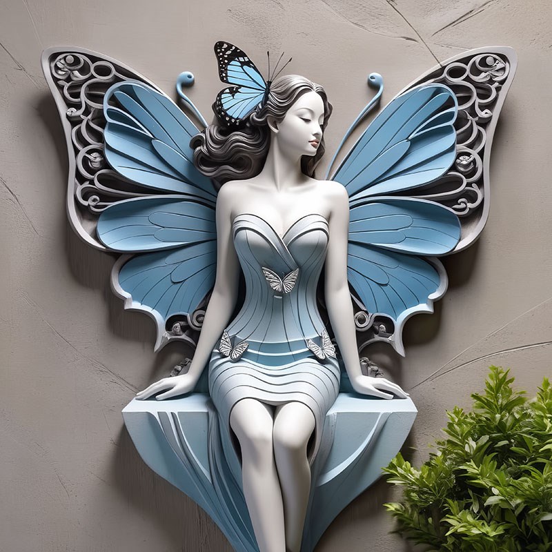 Blauwe vlinder met vleugels sculptuur behang