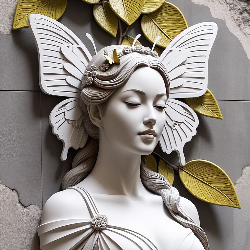 Witte vlinder met vleugels sculptuur behang