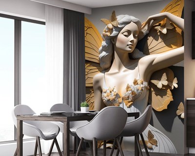 Gouden vlinder met vleugels vrouw standbeeld behang