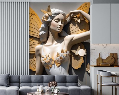 Gouden vlinder met vleugels vrouw standbeeld behang