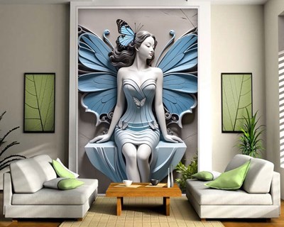 Blauwe vlinder met vleugels sculptuur behang