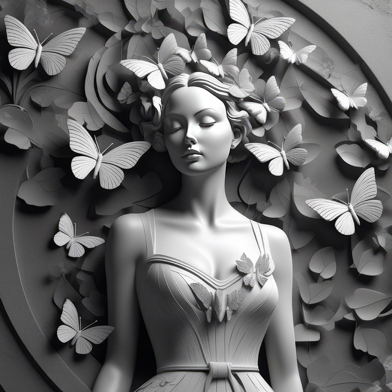 3D vlinder vrouwenbeeld muurschildering