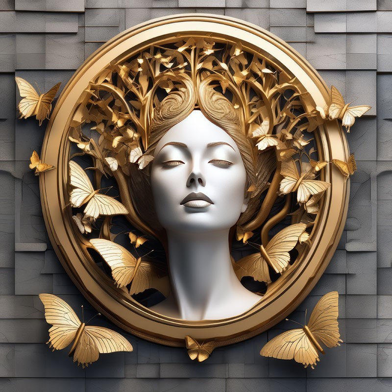 Gouden lijst met vrouwelijk beeld als thema behang