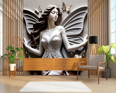 3D vlinder en vrouw beeld muurbehang