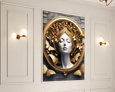 Gouden lijst met vrouwelijk beeld als thema behang