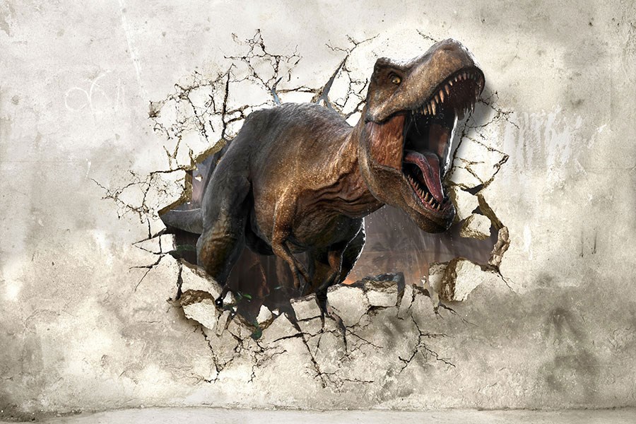3D T-Rex-ontwerpbehang dat uit de muur komt 