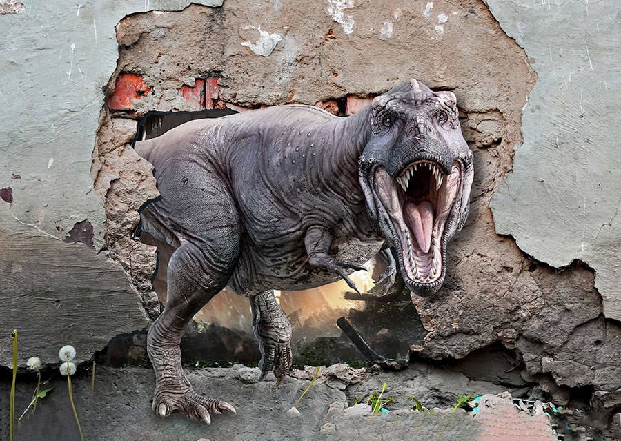 T-Rex Kinderkamerbehang dat uit de muur komt