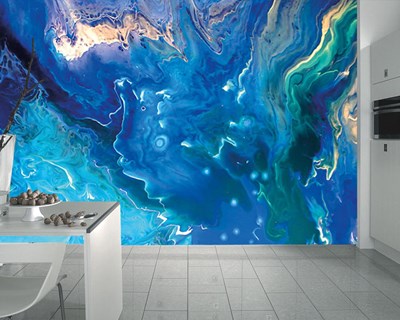 Levendig blauw marmerpatroon behang 