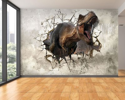 3D T-Rex-ontwerpbehang dat uit de muur komt 