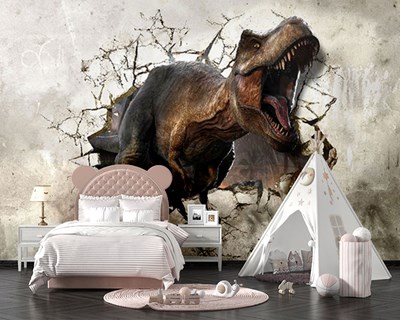 3D T-Rex-ontwerpbehang dat uit de muur komt 