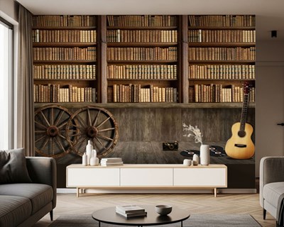Boekenplank en muziek thema behang