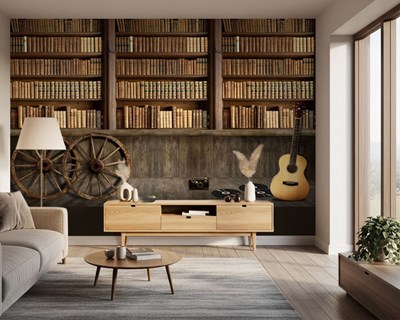 Boekenplank en muziek thema behang