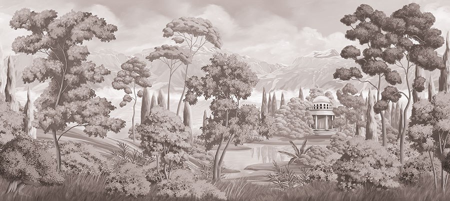 Klassiek landschap behang in sepia tinten