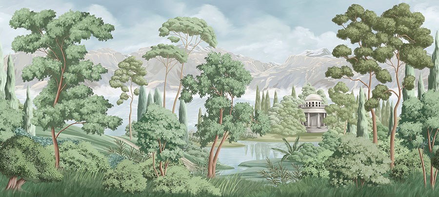 Groene natuur en meer uitzicht behang