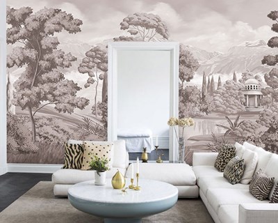 Klassiek landschap behang in sepia tinten