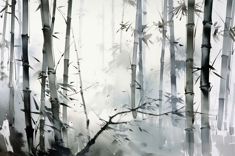 Waterverf Mistig Bamboebos Behang 