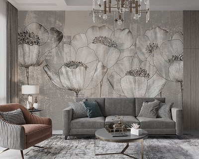 Grijs behang met bloemmotief