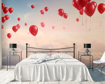 Vliegende rode ballonnen behang 