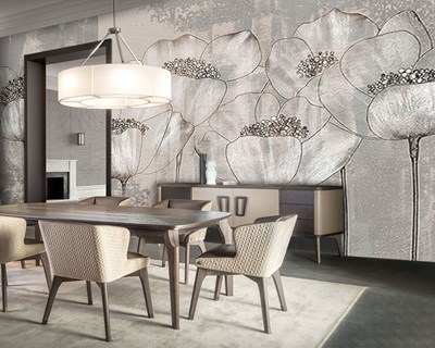 Grijs behang met bloemmotief