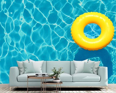 Zwembad en gele opblaasbare donutbehang