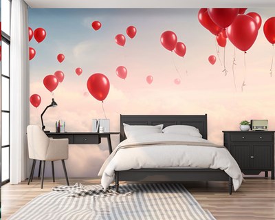 Vliegende rode ballonnen behang 