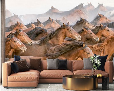 Rennende bruine paarden kudde behang