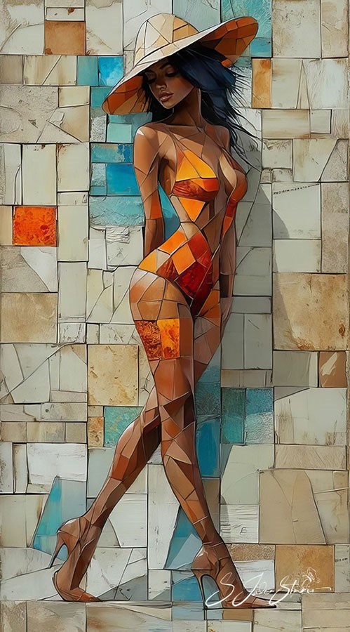 Mozaïekachtige vrouwenfiguur behang