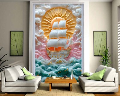 3D reliëf zeilboot behang