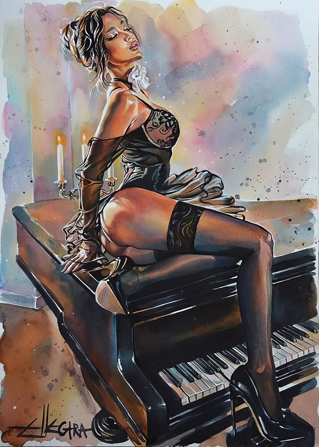 De aantrekkelijke vrouw op de piano Behang