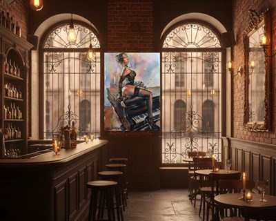 De aantrekkelijke vrouw op de piano Behang