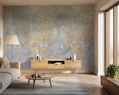 Goudkleurig behang met vuile vloerpatroon