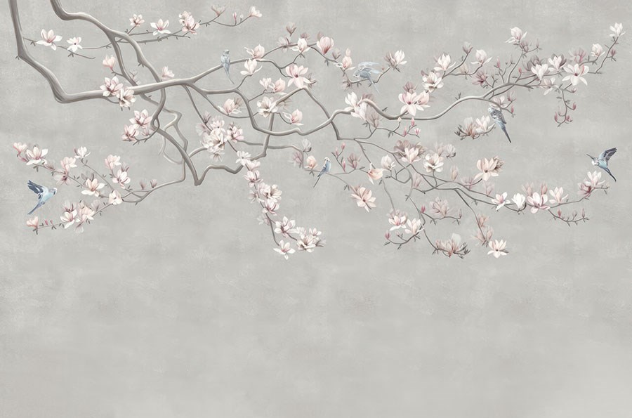Lentebloesems en vliegende vogels behang
