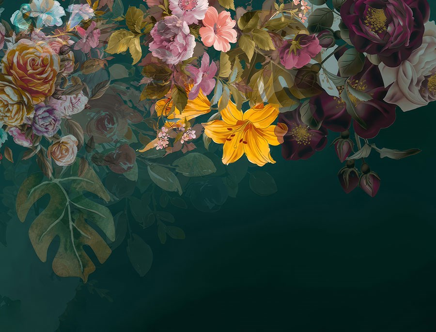 Donkergroene vintage bloemenbehang