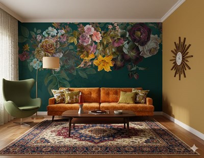 Donkergroene vintage bloemenbehang