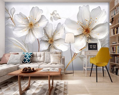 3D Goud Gedetailleerde Witte Bloemen Behang