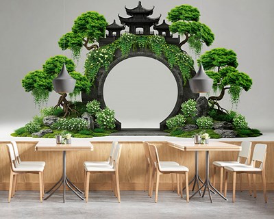 3D Zen-tuin Maanpoort Behang