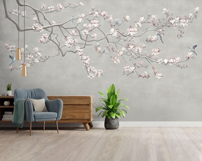 Lentebloesems en vliegende vogels behang