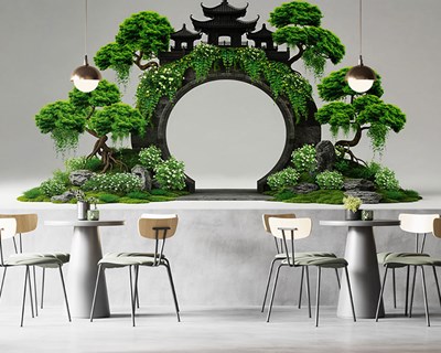 3D Zen-tuin Maanpoort Behang