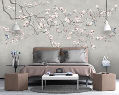 Lentebloesems en vliegende vogels behang