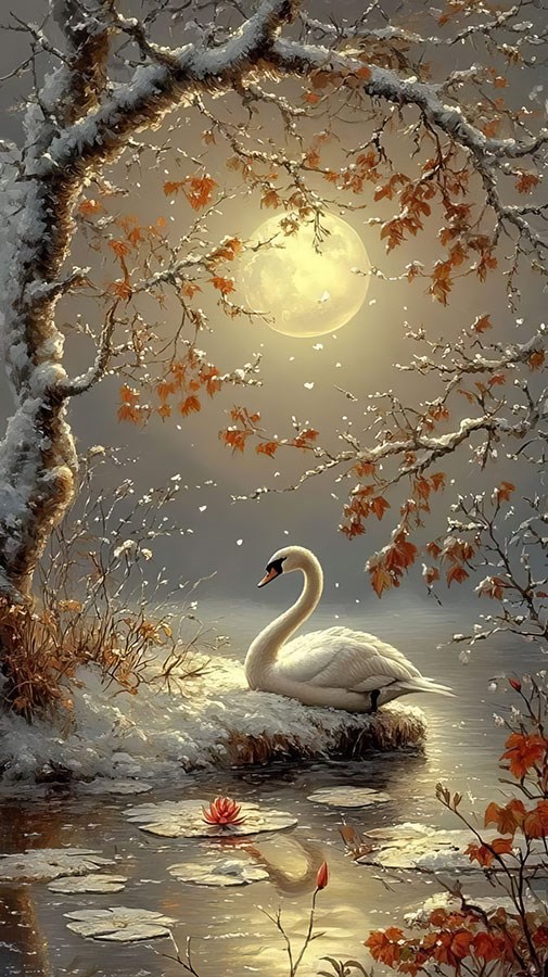 Zwanen op het meer in het maanlicht Behang